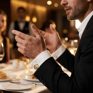 Detailed view of elegant gold metallic shaped cufflinks worn on men's formal white shirt
