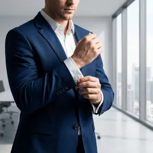 Close-up detail shot of men's luxury metal cufflink worn on formal shirt cuff in office.