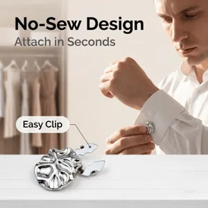 Silver metallic no-sew shirt cuff clip, stylish clover design accessory for men's daily wear.