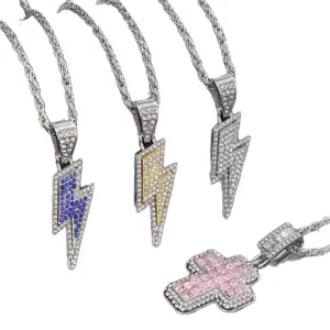 Set di collane con ciondolo a forma di fulmine e croce in strass stile hip hop di moda