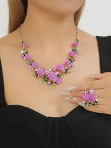 Charming Stylish Pink Camellia Flower Pearl Rhinestone Necklace And Earrings Set Chic