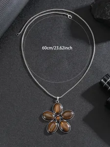 Collana con ciondolo a fiore in pietra occhio di tigre minimalista con catena da 60cm.