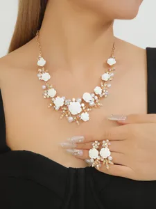 Elegant gold-tone white enamel camellia flower pearl rhinestone necklace and ring sets