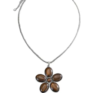 Elegante collana minimalista con ciondolo a fiore in pietra occhio di tigre argento vista.