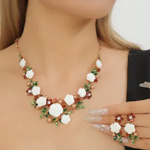 Elegant white camellia flower rhinestone pearl necklace and earrings jewelry set for women