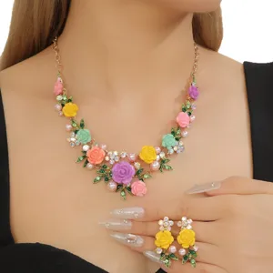 Colorful floral camellia rhinestone pearl necklace and earrings jewelry set for sweet women fashion