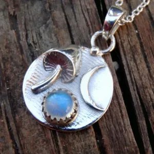 Silver moonstone mushroom necklace boho crescent moon jewelry chic feminine pendant accessory