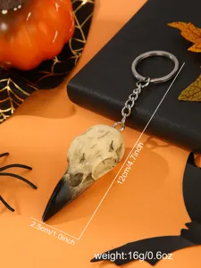 Halloween bird skull keychain pendant with metal ring, spooky gothic bag charm accessory.