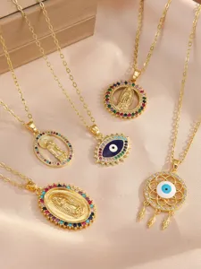 Gold Plated Zircon Virgin Mary Evil Eye Pendant Necklace Set Fashion Jewelry For Women
