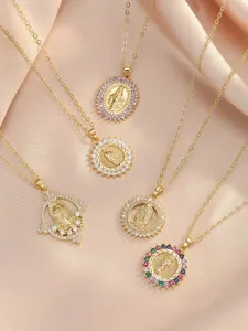 Gold Virgin Mary Pendant Necklace Set Micro-inlaid Cubic Zirconia Elegant Women Jewelry