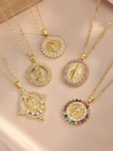 Close-up details of gold-plated Virgin Mary pendant necklaces with colorful zirconia.