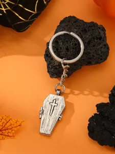 Halloween gothic coffin metal keychain charm with cross carving for keys bags spooky gift.