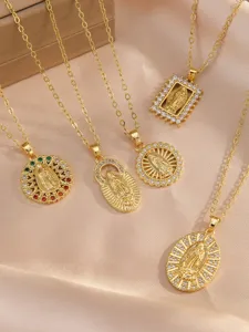 Gold-plated necklace set featuring exquisite Virgin Mary pendant designs and sparkling rhinestone details.