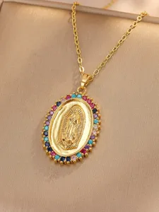 Gold-plated Virgin Mary pendant necklace sparkling with colorful cubic zirconia stones.