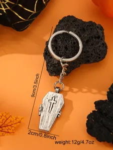 Halloween gothic metal coffin keychain with cross pendant, spooky bag charm accessory.