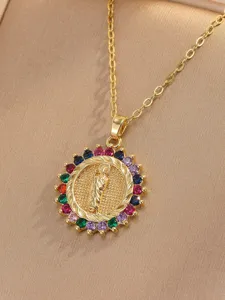 Gold-plated copper Virgin Mary pendant necklace with colorful cubic zirconia stones detail.
