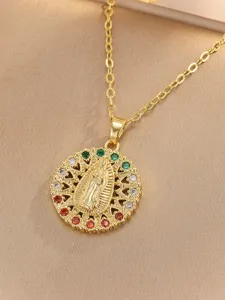 Exquisite Gold Plated Virgin Mary Pendant Necklace Featuring Colorful Zirconia Details