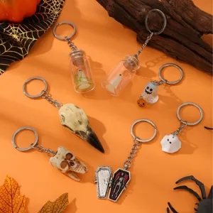 Halloween Luminous Ghost Drift Bottle Keychain Gothic Crow Bone Skull Tooth Pendant Night Light Keyring For Party Decor Gift