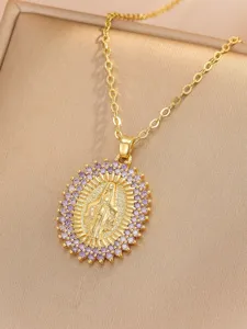 Gold Virgin Mary Pendant Necklace with Purple Zirconia Women Fashion Jewelry Gift Charm