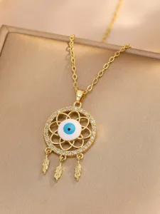 Gold-plated evil eye dreamcatcher pendant necklace with sparkling cubic zirconia stones.