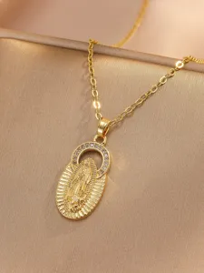 Gold-plated copper micro-inlaid zircon Virgin Mary pendant necklace, elegant religious jewelry.