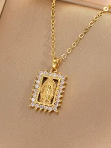 Close-up detail of a gold-plated cubic zirconia Virgin Mary pendant necklace shiny style