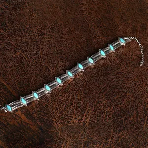 Bohemian retro style turquoise alloy necklace detail view, exquisite marquise stone design for women