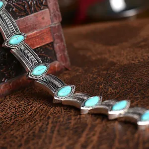 Bohemian retro alloy turquoise necklace detail, stylish women statement jewelry accessory.