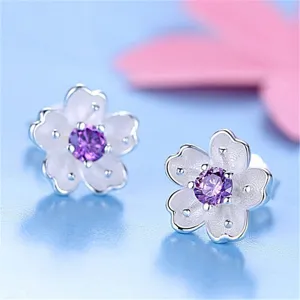 Sweet Cherry Blossom Stud Earrings For Women Sakura Flower Rhinestone Earrings With Stainless Steel Post Fashion Jewelry
