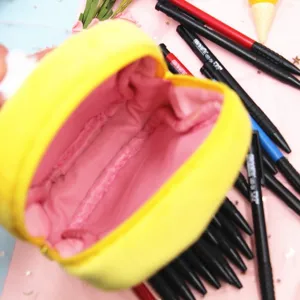 Cute yellow plush pencil case soft makeup storage pouch kawaii stationery bag for school