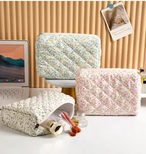 Quilted floral makeup bag detail showing zipper closure, spacious interior, and soft fabric.