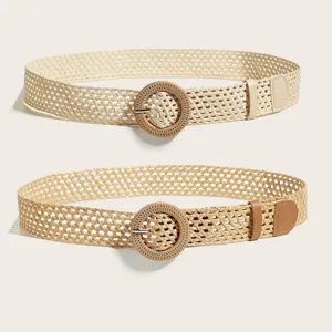 Dames geweven riem retro stro taille riem met ronde gesp jurk decoratieve riem set.