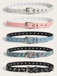 Ceinture en toile de denim décontractée avec sequins, œillets étoiles et boucle métallique femme