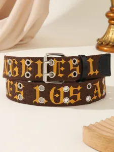 Vintage gothic letter canvas belt with double grommets and metal buckle for streetwear.