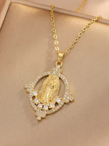 Elegant copper micro-pave zircon Virgin Mary pendant necklace for women, classic religious jewelry.