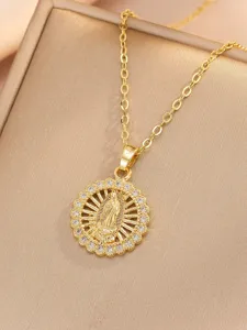 Exquisite Gold Plated Virgin Mary Pendant Necklace with Micro Inset Zirconia Stones