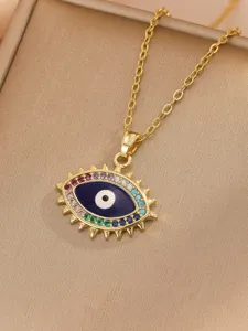 Gold-plated evil eye pendant necklace sparkling with colorful cubic zirconia stones.