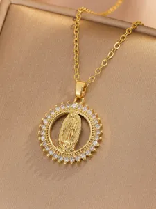 Gold Virgin Mary pendant necklace detail close-up shot, micro-pave cubic zirconia halo design.