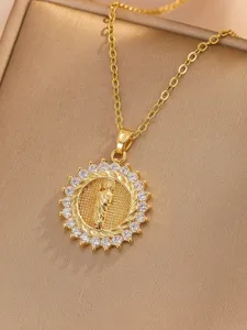 Exquisite gold-plated Virgin Mary pendant necklace featuring sparkling white cubic zirconia.