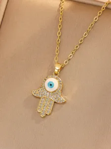 Gold Hamsa Hand Necklace Evil Eye Zircon Pendant Jewelry Elegant Women Fashion Accessory Gift