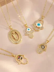 Gold Copper Micro-Pave Zircon Virgin Mary Evil Eye Hamsa Hand Pendant Necklace Set
