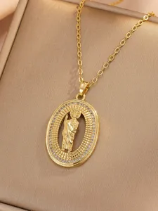 Gold Saint Mary pendant necklace with micro-set zircon, elegant religious jewelry item.