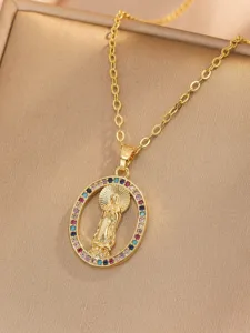 Detail shot of a gold-plated copper micro-set multi-color zircon Virgin Mary pendant.