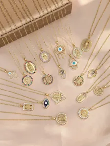 Gold-plated Virgin Mary and evil eye pendant necklaces with colorful zircon stones.