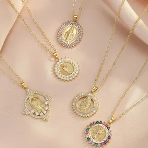 Gold Virgin Mary pendant necklaces set, elegant religious jewelry for women, stylish clavicle chain.