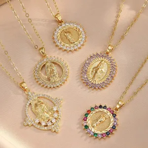 Gold pendant necklace set featuring religious Virgin Mary design with sparkling cubic zirconia.
