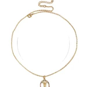 Gold-colored clavicle necklace with a colorful gem pendant, neatly displayed on white.