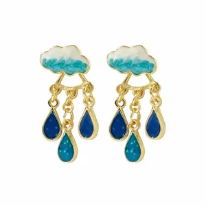 Cute Alloy Enamel Rain Cloud Tassel Earrings For Women Girls Sweet Rhinestone Raindrop Dangle Earrings Jewelry Gift Creative
