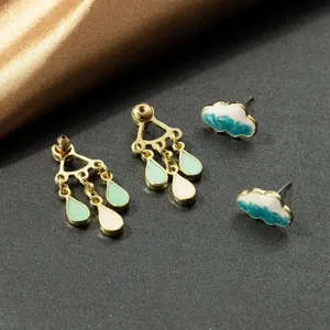 Detailed view of cute cloud and teardrop enamel earrings set with gold-tone alloy finish.