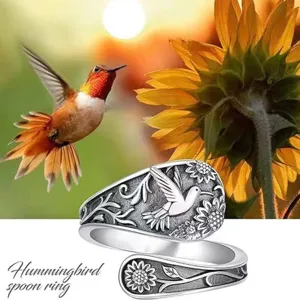 Vintage Alloy Hummingbird Sunflower Spoon Open Ring For Women Antique Silver Carved Adjusting Statement Cocktail Ring Halloween Gift Jewelry